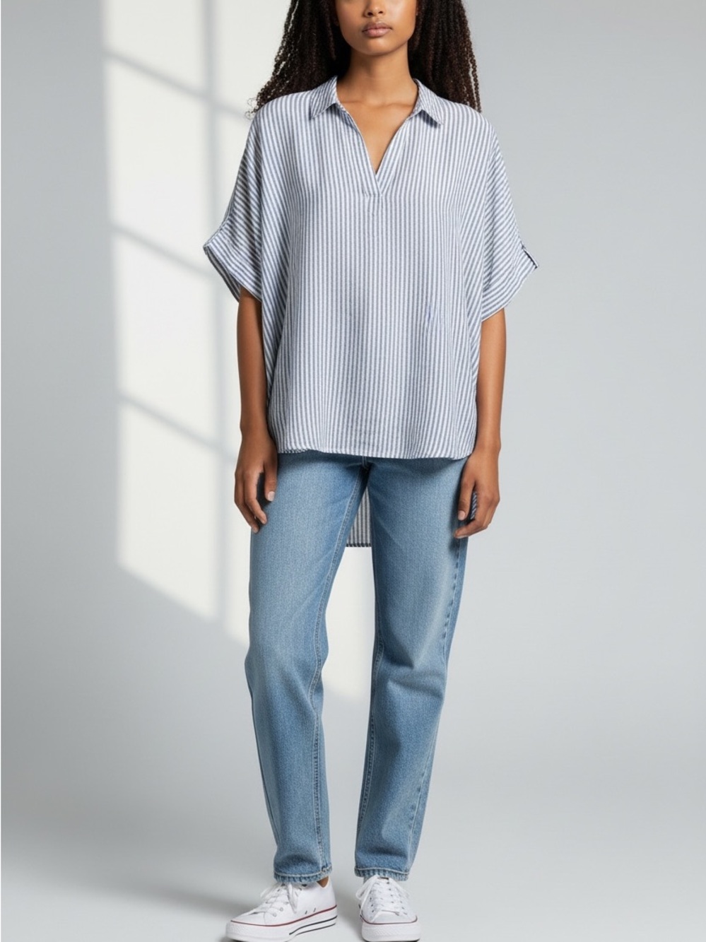 Rachel Roy Blue & White Pinstripe Popover 100% Linen Short Sleeve Top Size Large